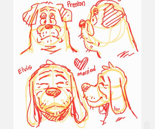 anthro clothing eyes_closed heart_symbol long_ears male mature_anthro mature_male shirt smile stubble text topwear p_rindustries elvis_(p_rindustries) preston_(p_rindustries) canid canine canis domestic_dog mammal molosser pug small_molosser toy_dog guide_lines headshot_portrait portrait sketch