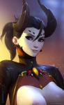 black_hair blizzard_entertainment bodysuit breasts bust_portrait clothed clothing cowlick demon eyelashes eyeliner female hair hi_res horn humanoid latex looking_at_viewer makeup mercy_(overwatch) nipples not_furry overwatch ponytail portrait purple_eyes skinsuit smile solo tarakanovich tight_clothing white_body white_skin