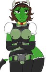 2:3 accessory anthro argonian armwear balls bottomwear brown_hair clothed clothing cock_sock collar elbow_gloves flaccid footwear frilly frilly_clothing furgonomics garter gem genitals gloves gold_(metal) gold_collar green_body green_scales gynomorph hair handwear hi_res horn intersex legwear maid_headdress maid_uniform metal_collar microsoft midriff miniskirt nel-tei_(golddrake) penis penis_clothing ruby_(gem) scales scalie skimpy skirt socks solo tail tail_clothing tail_sleeve the_elder_scrolls thigh_highs tomasyri uniform