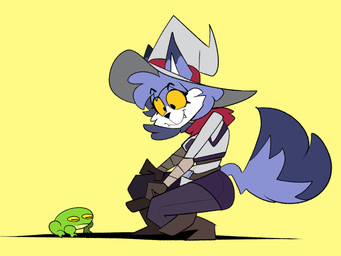 anthro blue_body blue_ear_tips blue_ears blue_fur blue_hair blue_tail blue_tail_tip boots bottomwear brown_boots brown_clothing brown_footwear clothed clothed_anthro clothed_female clothing crouching dipstick_ears dipstick_tail ear_markings eye_through_hair eyebrows fangs female female_anthro feral footwear fully_clothed fully_clothed_anthro fully_clothed_female fur furgonomic_hat furgonomic_headwear furgonomics gloves green_body hair halftone_shading handwear hat headgear headwear larger_anthro markings mouth_closed multicolored_ears shoes simple_background size_difference smaller_feral smile tail tail_markings teeth topwear translucent translucent_hair white_body white_fur white_inner_ear yellow_background yellow_sclera cloudidoodles roxanne_oxley amphibian canid canine fox frog mammal 2022 digital_drawing_(artwork) digital_media_(artwork) halftone hi_res