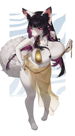 anthro bangs barbell_piercing big_breasts big_tail bikini black_ear_tips black_fingernails black_hair black_inner_ear_fluff black_nails blunt_bangs blush bottomwear breast_squish breasts bulging_breasts cheek_tuft chest_tuft clothed clothed_anthro clothed_female clothing clothing_pull colored_nails curvy_figure depth_of_field dipstick_ears ear_markings eyelashes eyeliner facial_tuft feet female female_anthro fingernails fluffy fluffy_tail fur glistening glistening_eyes gold_bikini hair hand_on_hip hime_cut hindpaw hourglass_figure huge_breasts inner_ear_fluff knock-kneed long_eyelashes long_fingernails looking_at_viewer makeup markings multicolored_ears multicolored_hair nails navel navel_barbell navel_piercing pattern_background paws piercing pointy_ears prick_ears purple_eyes purple_hair sarong simple_background skimpy small_waist solo squish standing straight_hair swimwear tail text thick_thighs topwear topwear_pull translucent translucent_bottomwear translucent_clothing tuft two-piece_swimsuit two_tone_hair white_body white_fur white_tail wide_hips zeminachan golden_week baiyu_(zeminachan) canid canine fox mammal 2026 absurd_res artist_name digital_drawing_(artwork) digital_media_(artwork) full-length_portrait hi_res portrait signature