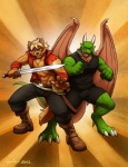 abs anthro bandage belt biceps black_nose blonde_hair blue_eyes brown_body brown_fur claws clothed clothing duo fangs fur green_body green_scales green_skin hair male melee_weapon membrane_(anatomy) membranous_wings muscular muscular_male open_clothing open_shirt open_topwear pecs pose red_eyes scales scar shirt simple_background sword tail teeth toe_claws topwear torn_clothing warrior weapon wings wfa mythology jaryl_(character) jin_(character) canid canine canis dragon mammal mythological_creature mythological_scalie reptile scalie wolf 2012 hi_res