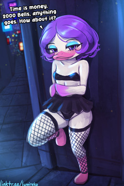 anthro beak biped black_bottomwear black_clothing black_panties black_skirt black_underwear blush blush_lines bottomwear city clothed clothing dialogue eyebrows feathers female fishnet_clothing fishnet_legwear hair leaning leaning_backward leaning_on_wall legwear looking_at_viewer miniskirt night outside panties prostitution purple_hair red_beak short_hair skimpy skirt solo talking_to_viewer tan_body tan_feathers text topwear tube_top underwear lumineko animal_crossing nintendo gloria_(animal_crossing) anatid anseriform avian bird duck 2026 english_text