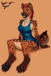 anthro auburn_hair blue_clothing blue_topwear bottomwear clothing dark_paws female green_eyes hair mohawk pawpads paws shirt shorts solo tank_top topwear whiskers hyena_beans hyena mammal spotted_hyena 2:3 absurd_res hi_res