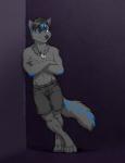 anthro blue_eyes blue_markings bottomwear chest_tuft clothed clothing dog_tags fur grey_body grey_fur male markings shorts solo topless tuft thetiedtigress carijet canid canine canis mammal wolf