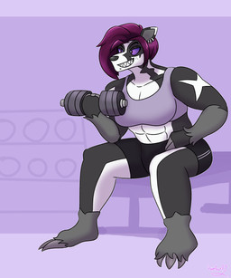 anthro black_body black_fur bra breasts claws clothed clothing exercise fangs female fur grey_body grey_fur hair multicolored_body multicolored_fur muscular muscular_anthro muscular_female open_mouth open_smile partially_clothed purple_hair simple_background smile solo sports_bra teeth underwear white_body white_fur hambor12 nintendo pokemon fan_character frankie_(startthemutts) canid canine generation_8_pokemon mammal obstagoon pokemon_(species) 2019 5:6 absurd_res digital_media_(artwork) hi_res