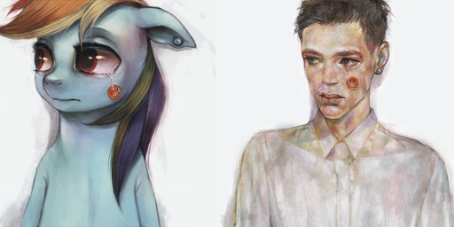 blue_body blue_fur bodily_fluids clothing comparison crying duo female feral fur hair long_hair male multicolored_hair rainbow_hair red_eyes shirt simple_background smiley_face tears topwear crookedtrees ydkmorimoe friendship_is_magic hasbro my_little_pony rainbow_dash_(mlp) equid equine horse human mammal pony bad_metadata digital_media_(artwork) missing_sample
