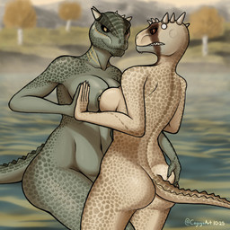 anthro areola big_breasts big_butt blurred_background breast_squish breasts breasts_frottage butt butt_grab clenched_teeth detailed_background duo female female/female green_areola green_body green_nipples green_scales grope hand_on_butt hands_together horn horn_jewelry jewelry looking_at_another mountain navel nipples non-mammal_breasts non-mammal_navel non-mammal_nipples nude outside plant red_eyes scales scar sharp_teeth shoreline smile smirk smirking_at_partner sneer squish tail tan_areola tan_body tan_nipples tan_scales teeth thick_thighs tree water wide_hips yellow_eyes cayugo bethesda_game_studios microsoft skyrim the_elder_scrolls deeja keerava argonian scalie 1:1 2025 digital_drawing_(artwork) digital_media_(artwork) hi_res shaded signature