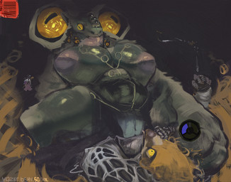 anthro areola beak belly big_breasts breasts clothing crossgender defeated duo feathers female feral fur genitals hair horizontal_pupils horn huge_breasts male male/female multi_eye nipples nude open_mouth pain pupils simple_background sitting sitting_on_another size_difference thick_thighs tongue vulva yo_zee elden_ring elden_ring_nightreign fromsoftware mythology guardian_(nightreign) libra_creature_of_night avian bird bovid caprine caprine_demon demon goat mammal mythological_creature absurd_res digital_media_(artwork) hi_res
