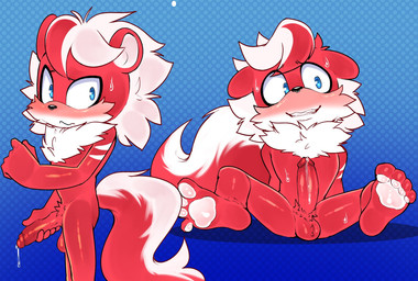anthro blush bodily_fluids erection feet fluffy fluffy_chest genital_fluids genitals glans holding_penis humanoid_genitalia humanoid_penis leaking_precum male nervous nervous_look nervous_smile nervous_sweat pawpads penis precum pubes simple_background sitting smile solo standing sweat tail toes mayghely sega sonic_the_hedgehog_(series) fan_character unknown_species 2026 digital_drawing_(artwork) digital_media_(artwork) hi_res