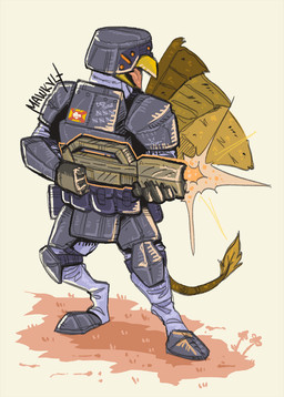 5_fingers anthro beak biped boots bottomwear brown_body building clothed clothing feathered_wings feathers fingers footwear gear gloves gun handwear headgear holding_gun holding_object holding_ranged_weapon holding_weapon male muscular muscular_anthro muscular_male outside ranged_weapon shoes shooting solo tail topwear uniform weapon wings mawkvlt mythology starship_troopers carpo avian gryphon mythological_avian mythological_creature hi_res