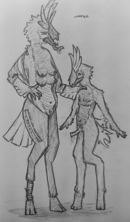 4_breasts anthro breasts clitoris digitigrade dominant dominant_female duo feathers female genitals grey_background larger_female long_tongue male male/female multi_breast penis shoulder_grab side_view simple_background size_difference smaller_male submissive submissive_male tail tail_motion tailwag tongue vulva poorlydrawnmoose avian absurd_res graphite_(artwork) greyscale hi_res monochrome pen_(artwork) traditional_media_(artwork)