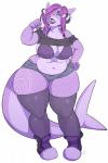 anthro belly big_breasts breasts clothed clothing female hair horn looking_at_viewer navel non-mammal_breasts obese obese_anthro obese_female overweight overweight_anthro overweight_female solo standing wide_hips tweedabop elmelie fish marine shark 2:3 absurd_res hi_res