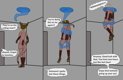 anal anal_penetration anthro bodysuit brown_body brown_fur clothing female fur goo_tentacles penetration questionable_consent restrained restrained_by_tentacles skinsuit solo tentacle_in_ass tentacle_penetration tentacle_suspension tentacles text tight_clothing trapped trinitite tory_(trinitite) ahuizotl english_text
