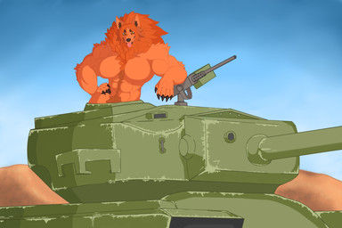 anthro arm_tuft biceps big_breasts big_muscles body_hair breasts chest_tuft claws crotch_tuft desert detailed_background elbow_tuft featureless_breasts female fluffy fur gun happy_trail huge_breasts huge_muscles machine_gun muscular muscular_female neck_tuft orange_body orange_fur ranged_weapon shoulder_tuft solo tank_(vehicle) tongue tongue_out tuft vehicle weapon wide_hips yellow_eyes ysirieanart mythology luna_(lunamuskpuppy} canid canine mammal mythological_canine mythological_creature werecanid werecanine werecreature werewolf 3:2 absurd_res cel_shading colored_line_art digital_media_(artwork) hi_res shaded
