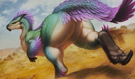 ambiguous_gender beak big_butt biped butt butt_focus claws close-up cloud depth_of_field feathered_crest feathered_tail feathers feet feral fur gradient_feathers green_body green_feathers green_scales head_crest horn light light_body light_feathers light_scales looking_at_viewer looking_back low-angle_view multicolored_body multicolored_feathers multicolored_scales plains purple_body purple_fur rock sand savanna scales shadow sky skyscape smile soles solo spikes spikes_(anatomy) tail walking windward_plains yellow_eyes wia capcom monster_hunter bird_wyvern seikret 2026 colored digital_drawing_(artwork) digital_media_(artwork) hi_res lighting shaded