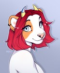 anthro blue_eyes ear_piercing ear_ring eyebrows eyelashes female hair horn looking_at_viewer piercing pink_nose red_hair ring_piercing smile solo smileeeeeee sun_(smu) felid feline hybrid mammal 2022 digital_media_(artwork) hi_res