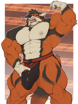 5_fingers abs anthro areola arm_tuft armbands_(marking) barazoku biceps big_bulge big_muscles big_pecs biped black_body black_claws black_clothing black_eyebrows black_finger_claws black_fur black_hair black_jockstrap black_nose black_underwear border broad_shoulders bulge bulge_grab chest_tuft claws clothed clothed_anthro clothed_male clothing countershade_face countershade_fur countershade_neck countershade_torso countershading deltoids detailed_bulge ear_tuft elbow_tuft eyebrows fangs finger_claws fingers flexing flexing_bicep front_view fur genital_outline gloves_(marking) gums hair hand_on_bulge hand_on_own_bulge huge_bulge huge_muscles humanoid_hands inner_ear_fluff jockstrap jockstrap_only latissimus_dorsi male male_anthro manly markings multicolored_body multicolored_clothing multicolored_fur multicolored_jockstrap multicolored_underwear muscular muscular_anthro muscular_arms muscular_male muscular_thighs navel nipples open_mouth orange_body orange_fur pecs penis_outline pink_areola pink_nipples pink_tongue quads red_clothing red_eyes red_jockstrap red_underwear serratus sharp_teeth solo standing tail teeth text text_background three-quarter_view tongue topless topless_anthro topless_male triceps tuft two_tone_clothing two_tone_jockstrap two_tone_underwear underwear underwear_only whisker_spots white_body white_border white_countershading white_fur white_hands white_inner_ear white_inner_ear_fluff oldshep canid canine canis felid feline hybrid lynx mammal wolf digital_drawing_(artwork) digital_media_(artwork) english_text hi_res portrait signature three-quarter_portrait