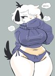 anthro belly big_breasts biped black_eyes black_tail bone breasts breath clothed clothing cropped_hoodie curvy_figure female floppy_ears front_view fur grey_background hair hair_over_eye hand_behind_back hand_on_mouth high_waisted_bottomwear looking_aside looking_away navel one_eye_obstructed panties pantsless pink_belly purple_clothing purple_panties purple_sweatshirt purple_underwear short_hair simple_background slightly_chubby slightly_chubby_female solo speech_bubble standing sweatshirt tail text thick_thighs three-quarter_view tuft underwear voluptuous white_body white_fur white_hair puppkittyfan1 pepper_(puppkittyfan1) canid canine canis domestic_dog mammal 2022 digital_media_(artwork) english_text hi_res portrait three-quarter_portrait