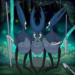 all_fours animal_genitalia anthro arthropod_abdomen arthropod_abdomen_cloaca arthropod_abdomen_genitalia bent_over biped blush bodily_fluids cloaca cloaca_juice female gaping gaping_cloaca genital_fluids genitals group kneeling looking_at_viewer looking_back looking_back_at_viewer melee_weapon presenting presenting_cloaca rear_view rock take_your_pick trio weapon zeamaeri hollow_knight_(franchise) team_cherry mantis_lord_(hollow_knight) arthropod insect 1:1 hi_res sibling_(lore) sister_(lore) sisters_(lore)