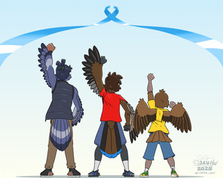 4_toes 5_fingers anisodactyl anthro arm_tuft back_wings black_body black_clothing black_feathers black_footwear black_jacket black_topwear blue_background blue_body blue_bottomwear blue_clothing blue_feathers blue_footwear blue_ribbon blue_shorts bottomwear brown_body brown_bottomwear brown_clothing brown_feathers brown_pants cheek_tuft clothed clothing dipstick_tail_feathers elbow_tuft facial_tuft feathers feet fingers fist footwear furgonomic_footwear furgonomic_topwear furgonomics gradient_background green_clothing green_footwear green_hair_tie grey_body grey_feathers grey_hair grey_scutes group hair head_tuft jacket logo male open_clothing open_jacket open_topwear pants plantigrade raised_fist raised_hand rear_view red_clothing red_shirt red_t-shirt red_topwear scuted_arms scuted_hands scuted_legs scutes shadow shirt shorts simple_background socks standing striped_feathers t-shirt tail tail_feathers tan_scutes text tied_hair toes topwear trio tuft white_background white_clothing white_footwear white_socks winged_arms wings wrist_tuft yellow_clothing yellow_shirt yellow_t-shirt yellow_topwear jayheartwing men's_mental_health_awareness_month jay_(sammfeatblueheart) romeo_(sammfeatblueheart) zandro_(sammfeatblueheart) avian bird columbid oscine passerine pigeon rock_dove sparrow trogon trogonid 2025 artist_logo english_text hi_res signature
