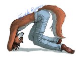 4:3 anthro bottomwear canid canine clothing denim denim_bottomwear denim_clothing erik_rouges_(artist) erik_rouges_(character) feral fox fur half_naked hi_res jeans lying male mammal muscular nipples pants paws red_fox simple_background solo tail true_fox