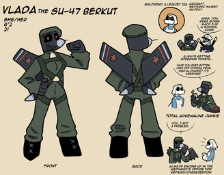 aircraft anthro beret beverage black_body black_sclera clothed clothing dialogue duo female female/female flight_suit fuel hat headgear headwear helicopter holding_beverage holding_object machine police police_hat police_uniform pose standing text uniform vehicle white_body bunchasticks bombardier learjet_35 su-47 sukhoi mayday_(bunchasticks) vlada_(bunchasticks) aeromorph living_aircraft living_machine living_vehicle english_text hi_res model_sheet