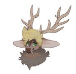 ambiguous_form ambiguous_gender antlers blonde_hair brown_body brown_fur brown_nose fangs fur green_eyes hair horizontal_pupils horn pupils short_hair simple_background snout solo tan_antlers teeth white_background dyyrlysh cervine deer elk mammal 2025 absurd_res aliasing aseprite_(artwork) digital_drawing_(artwork) digital_media_(artwork) dithering headshot_portrait hi_res portrait shaded