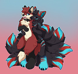 anthro bite black_body black_fur black_nose blood blue_body blue_eyes blue_fur bodily_fluids collar duo fur male markings multi_tail red_body red_eyes red_fur simple_background tail fabuponah vulfe_(hackencraft) xemkiy_(character) fox_spirit vampire absurd_res hi_res