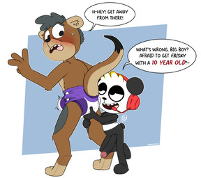 age_difference anthro blush bodily_fluids clothed clothing diaper duo electronics erection erection_in_diaper groping_diaper headgear headphones headset larger_sub male male/male nervous nervous_sweat size_difference small_but_hung speech_bubble stated_age submissive sweat text wearing_diaper young young_anthro young_male conditional_dnp olly combo_panda bear giant_panda mammal mustelid otter absurd_res english_text hi_res