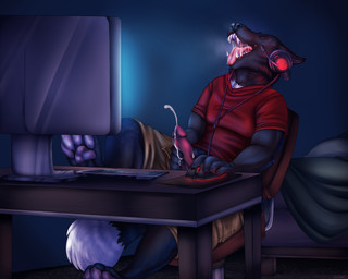 anthro bedroom computer dark desk electronics erection furniture genitals grey_background headgear headphones headset male masturbation orgasm pawpads penile penile_masturbation penis simple_background solo table kindreddemon canid canine canis mammal wolf 5:4 hi_res