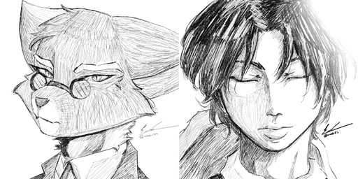 anthro clothing duo eyewear formal_wear front_view glasses hair male suit three-quarter_view enoxarts lackadaisy mordecai_heller felid feline human mammal 2:1 absurd_res black_and_white clip_studio_paint_(artwork) digital_drawing_(artwork) digital_media_(artwork) hi_res monochrome sketch