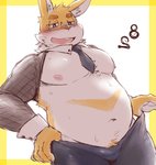 anthro blush bulge clothing costume eyewear fur glasses male necktie nipples overweight overweight_anthro overweight_male pecs reverse_bunny_costume slightly_chubby smile solo yellow_body yellow_fur cotton_(artist) chardonnay_romancia jey_caroot lagomorph leporid mammal rabbit