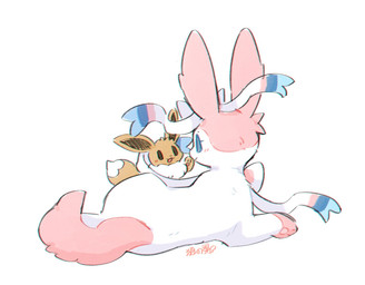 ambiguous_gender blue_eyes blush blush_lines bow_(anatomy) brown_body brown_eyes brown_fur duo eyelashes female feral fur lying open_mouth pawpads paws pink_body pink_fur ribbons_(anatomy) simple_background size_difference smile tail white_body white_fur wolfwithwing nintendo pokemon eevee eeveelution generation_1_pokemon generation_6_pokemon pokemon_(species) sylveon 2026 hi_res signature