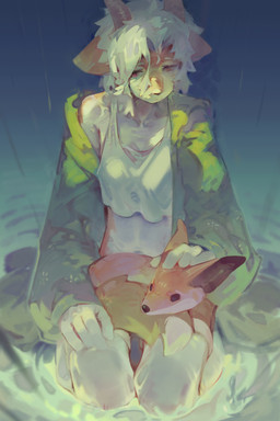 ambiguous_feral ambiguous_gender anthro beady_eyes black_nose bottomwear brown_bottomwear brown_clothing brown_shorts clothed clothing duo female female_anthro feral front_view grey_clothing grey_topwear hair mouth_closed narrowed_eyes on_lap open_clothing open_topwear orange_body red_eyes shorts sitting topwear white_body white_clothing white_hair white_topwear carbonizedaki canid canine fox mammal species_request hi_res