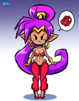 black_eyes bottomwear breasts cleavage clothed clothing crown ear_piercing ear_ring eyebrows female hair headgear long_ears long_tail navel oversized_bottomwear oversized_clothing oversized_pants pants piercing ponytail purple_hair ring_piercing rosy_cheeks simple_eyes solo tail tan_body tan_skin tiara aladeen shantae_(series) wayforward shantae genie half_genie humanoid hi_res