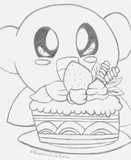 blush cake dessert food frosting fruit happy leaf male not_furry open_mouth plant shortcake simple_background smile solo strawberry lunarpanda8686 kirby_(series) nintendo kirby alien waddling_head graphite_(artwork) hi_res monochrome traditional_media_(artwork)