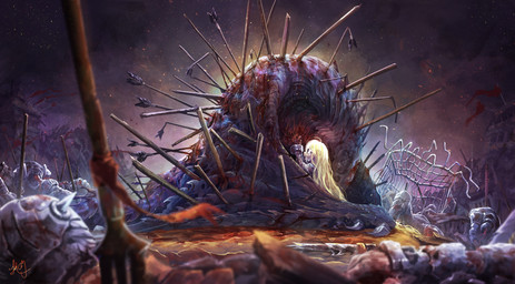 5_fingers after_battle ambiguous_gender armor arrow_(weapon) arrow_wound arrowed back_wound black_body black_scales blonde_hair blood blood_on_body bodily_fluids cage claws clothed clothed_female clothed_human clothing corpse crying cuff_(restraint) detailed_background duo eyes_closed female feral fingers grey_clothing grey_topwear hair head_wound headgear helmet hug hugging_another larger_feral leaning leaning_forward long_hair looking_at_another melee_weapon metal_chain metal_cuffs neck_wound open_mouth outside puncture_wound ranged_weapon realistic_wings restraints scales scar severe_wound shocked size_difference slit_(wound) smaller_female smaller_human stab stab_wound sword tears topwear torso_wound weapon white_sclera wide_eyed wing_claws wing_wound wings wounded chiayeeee mythology dragon human mammal mythological_creature mythological_scalie scalie 2018 digital_drawing_(artwork) digital_media_(artwork) hi_res signature