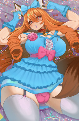 accessory big_breasts blush blush_lines bow_dress bow_ribbon breasts bulge candy cleavage clothed clothing collar colored_nails corsage cute_pose dessert detailed_bulge dress drill_curls eyeliner fingerless_gloves food frilly frilly_clothing frilly_dress fully_clothed garter_straps glistening glistening_lips gloves gynomorph hair hair_accessory hair_bow hair_ribbon handwear intersex legwear lips lipstick long_hair looking_at_viewer lying makeup nails on_back orange_hair panties_bulge ribbons solo spillage squish star_pupils stockings tail thigh_highs thigh_squish gaikiken janelle_(pheubel) canid canine canis domestic_dog herding_dog humanoid mammal pastoral_dog welsh_corgi absurd_res hi_res huge_filesize portrait three-quarter_portrait