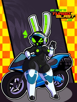 anthro areola black_body bottom_heavy breasts clothing electronics empty_eyes female front_view genitals green_areola green_eyes green_nipples hand_on_hip hat headgear headphones headwear looking_at_viewer machine motorcycle navel nipples one_eye_closed solo thick_thighs vehicle visor_cap vulva wide_hips wink winking_at_viewer skwid project_turboblast tempo_(project_turboblast) animal_humanoid humanoid lagomorph leporid mammal rabbit robot robot_anthro 3:4 hi_res
