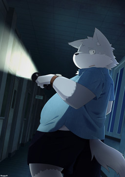 anthro belly black_nose bottomwear clothing detailed_background fur grey_body grey_fur inside kemono male night overweight overweight_anthro overweight_male shirt shorts solo topwear zuppu11 canid canine mammal 2015 hi_res