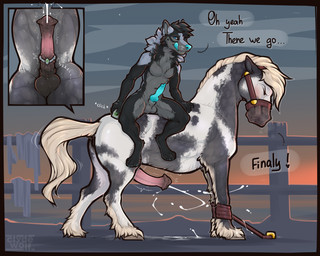 animal_genitalia animal_penis anthro balls belly_slapping_masturbation biped blush bodily_fluids bound butt canine_genitalia canine_penis cum dialogue duo equine_genitalia equine_penis erection feral fur genital_fluids genitals hair hooves knot knotted_penis male medial_ring nude nude_anthro nude_male outside penile penis sex_toy sheath smile speech_bubble standing tail text tongue vibrator vibrator_on_penis clyde_wolf canid canine canis equid equine horse mammal wolf 2026 digital_drawing_(artwork) digital_media_(artwork) english_text hi_res