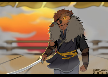 armor beak braided_hair brown_body brown_fur brown_hair clothing feathers fur gauntlets gloves glowing glowing_eyes hair half-closed_eyes handwear katana male melee_weapon narrowed_eyes sword weapon mittsu fromsoftware sekiro:_shadows_die_twice avian bird horned_owl owl true_owl absurd_res hi_res