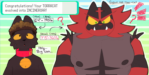 anthro areola arrow_sign bell bell_collar biped black_body black_ears black_fur black_nipples black_nose brown_hair collar duo exclamation_point fangs fur gameplay_mechanics green_eyes grey_body grey_fur hair looking_at_another male mouth_closed multicolored_body multicolored_fur muscular muscular_anthro muscular_male nipples open_mouth question_mark red_body red_collar red_fur red_nose sharp_teeth surprised teeth text text_box tongue whiskers yellow_sclera sushiamazing nintendo pokemon sushi_(sushiamazing) domestic_cat felid feline felis generation_7_pokemon incineroar mammal pokemon_(species) 2026 absurd_res digital_media_(artwork) english_text hi_res
