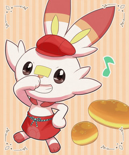 ambiguous_gender apron clothing dessert doughnut feet feral food fur grin hat headgear headwear looking_at_viewer musical_note musical_symbol pastry pattern_background red_apron red_clothing red_feet red_hat red_headwear simple_background smile solo striped_background symbol teeth white_body white_fur wadorigi nintendo pokemon pokemon_cafe_remix generation_8_pokemon pokemon_(species) scorbunny 2020 5:6 hi_res