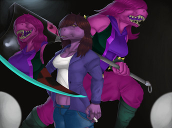anthro axe bare_shoulders belt big_breasts blush boots bottomwear bracelet breasts brown_hair claws clothed clothing denim denim_bottomwear denim_clothing female footwear group hair hair_over_eyes heart_symbol jacket jeans jewelry long_hair melee_weapon metal non-mammal_breasts open_clothing open_jacket open_topwear pants pink_body pink_skin purple_body purple_skin sharp_teeth shoes simple_background smile spikes teeth tongue topwear torn_bottomwear torn_clothing torn_jeans torn_pants weapon hamili deltarune undertale_(series) susie_(deltarune) reptile scalie 2018