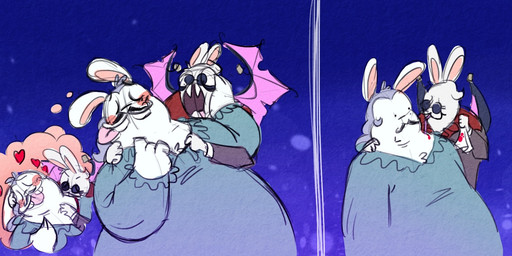 2_panel_comic 4_fingers alternate_species anthro arm_around_shoulders bite black_eyebrows black_facial_hair black_mustache blood blood_in_mouth blue_background blue_eyewear blue_nightgown blue_sunglasses blush bodily_fluids buckteeth closed_smile clothed clothed_anthro clothed_male clothing drinking drinking_blood drinking_straw duo eyebrows eyes_closed eyewear facial_hair fingers glasses grey_hair grey_trenchcoat hair heart_symbol hearts_around_head imagination long_ears male male/male male_anthro membrane_(anatomy) membranous_wings mouth_closed mustache neck_bite no_eyebrows noseless notched_wings open_mouth overweight overweight_anthro overweight_male pink_tongue purple_wings round_glasses simple_background smile sunglasses teeth thought_bubble tongue tongue_out wings randomrabbidramblings mario_bros mario_plus_rabbids_kingdom_battle mario_plus_rabbids_sparks_of_hope nintendo raving_rabbids rayman_(series) ubisoft phantom_of_the_bwahpera t.s._woodrow ghost hybrid lagomorph mammal rabbid spirit vampire 2024 crossover digital_drawing_(artwork) digital_media_(artwork) english_description flat_colors hi_res
