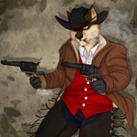 anthro cigar cowboy gun handgun male outlaw pistol pistols ranged_weapon revolver smoke smoking solo weapon western thehuntingwolf luckywolff canid canine canis mammal wolf 1:1 absurd_res hi_res