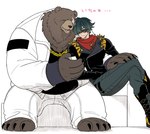 anthro black_hair brown_body brown_fur cuddling duo eyewear facial_scar fur hair male male/male missing_eye scar scarf smile sunglasses w8rbjxv80g7442 mihoyo zenless_zone_zero ben_bigger lighter_(zenless_zone_zero) bear human mammal