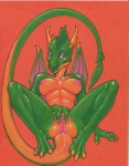 anthro breasts clitoris female genitals green_body horn membrane_(anatomy) membranous_wings nipples non-mammal_breasts non-mammal_nipples nude orange_background pussy red_eyes simple_background solo spread_legs spread_pussy spreading tail wings lizebra mythology dragon mythological_creature mythological_scalie scalie 2011